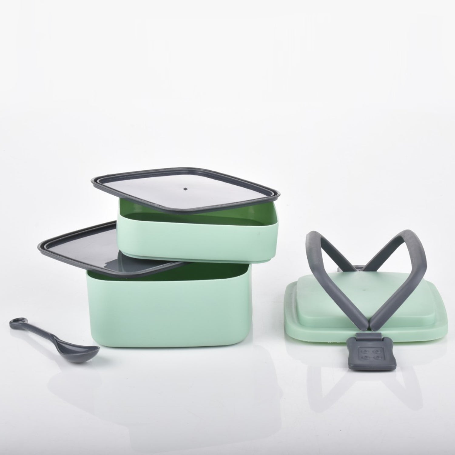 Green Double - layer Portable Lunch Box Stackable With Carrying Handle And Spoon Lunch Box - The Mavi Store