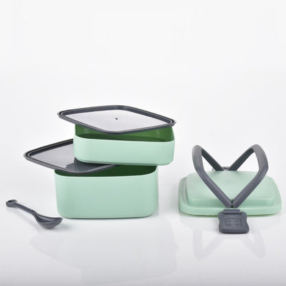 Green Double - layer Portable Lunch Box Stackable With Carrying Handle And Spoon Lunch Box - The Mavi Store