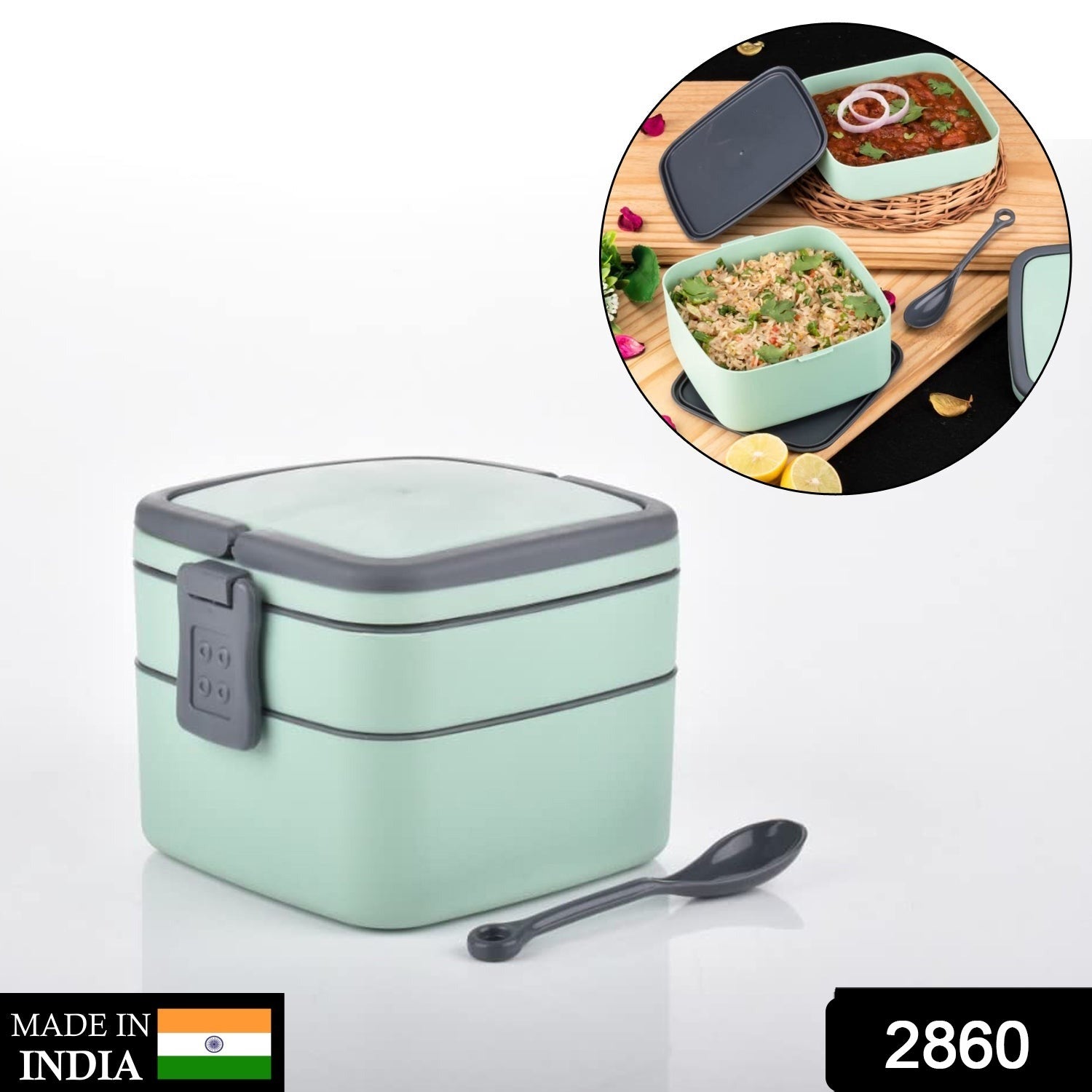 Green Double - layer Portable Lunch Box Stackable With Carrying Handle And Spoon Lunch Box - The Mavi Store