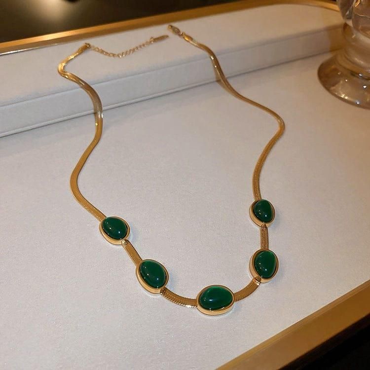 Oval Green Crystal Pendant Necklace Set With Bracelet - The Mavi Store