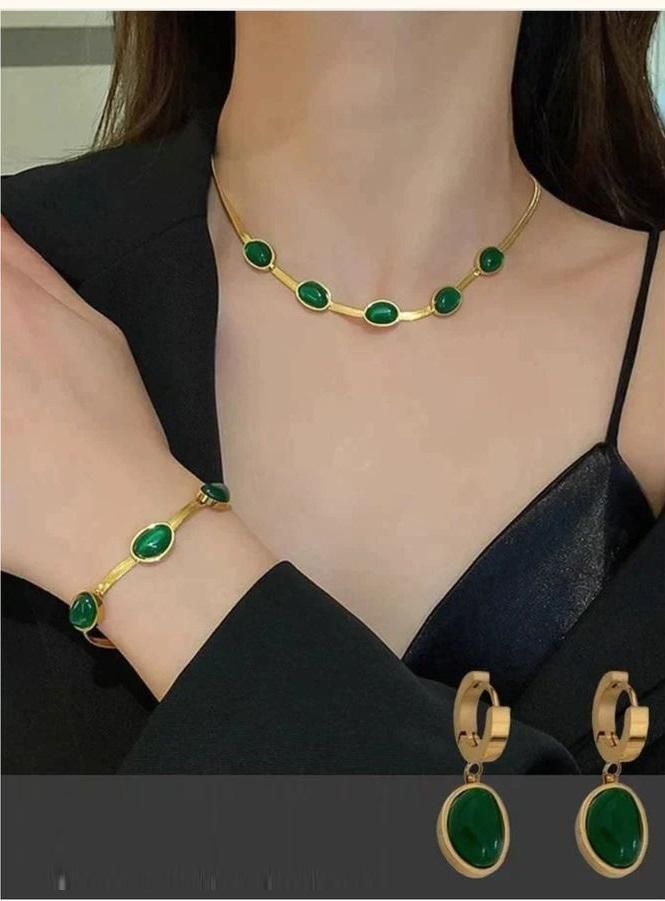 Oval Green Crystal Pendant Necklace Set With Bracelet - The Mavi Store