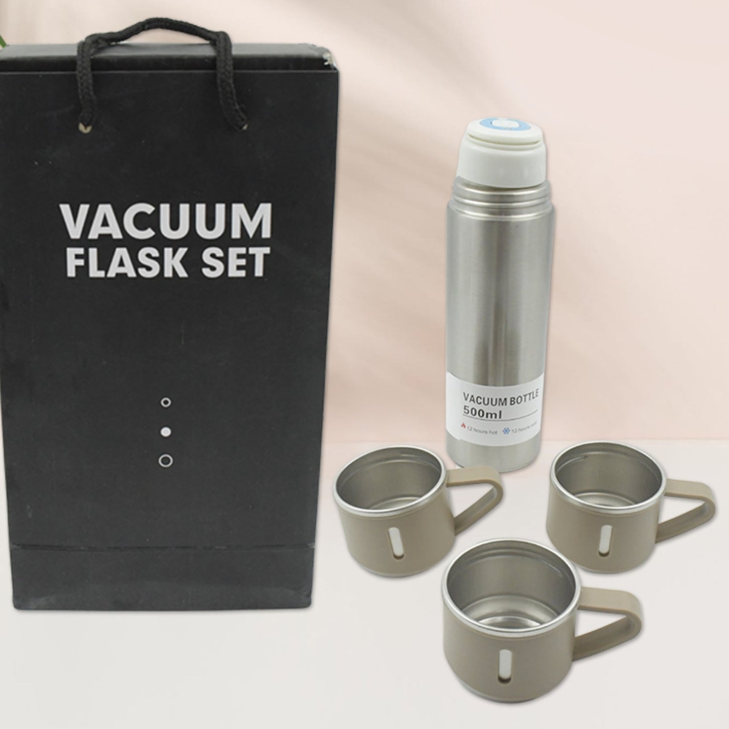 Stainless Steel Vacuum Flask Set With 3 Steel Cups Combo For Coffee Hot Drink And Cold Water Flask Ideal Gifting Travel Friendly Latest Flask Bottle. (500ml) - The Mavi Store