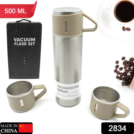 Stainless Steel Vacuum Flask Set With 3 Steel Cups Combo For Coffee Hot Drink And Cold Water Flask Ideal Gifting Travel Friendly Latest Flask Bottle. (500ml) - The Mavi Store
